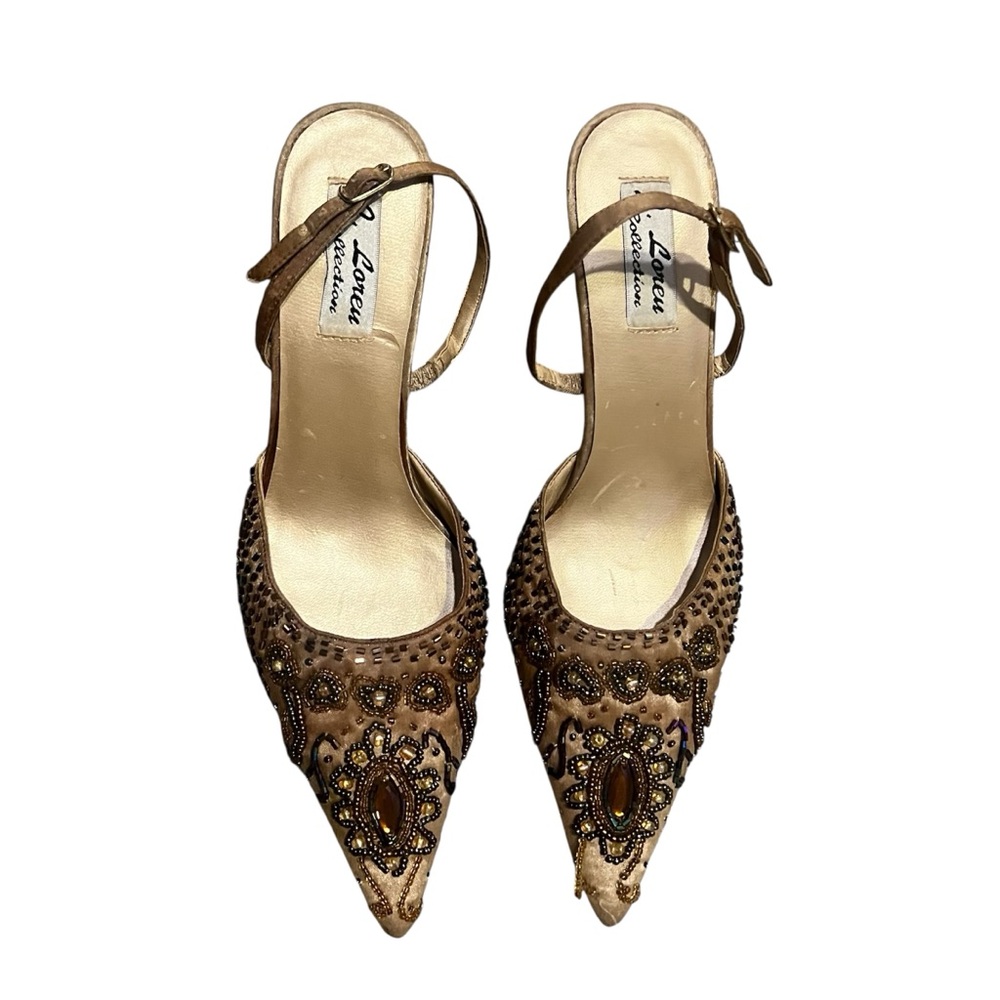 J. Loren Collection Champagne Satin Embellished Slingback 3-In Heel Size 5.5